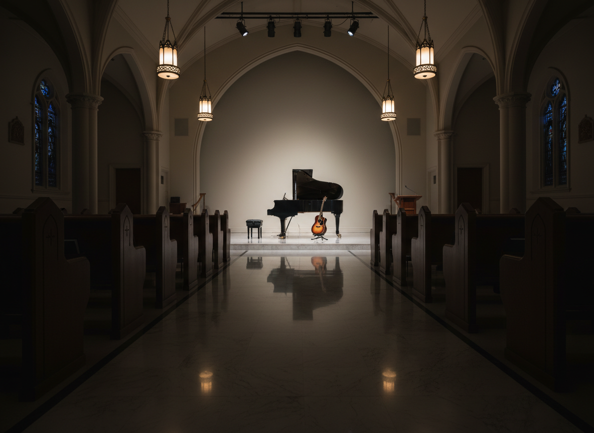An elegant church sanctuary interior with empty dark‑wood pews leading toward a simple, well‑lit stage where a grand piano and an acoustic guitar rest on their stands, ready for praise. No people present, only instruments and a discreet lectern suggesting sermons and gospel proclamation. Overhead pendant lights and hidden spotlights create warm, focused pools of light on the instruments, while the rest of the room fades into a gentle dimness. Photographic realism, captured from a low, centered angle down the main aisle, with strong depth and leading lines drawing the eye forward. The mood is reverent, expectant, and full of quiet hope, ideal for reflecting Christian worship through music.