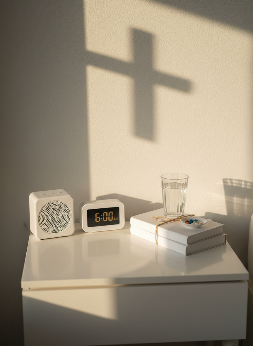 A pristine white bedside table scene in photographic realism: a minimalist wireless speaker, a small digital alarm clock, and a neatly stacked pair of lifestyle and wellness books with blank spines. On top sits a delicate glass of water and a simple ceramic dish holding vitamins, suggesting healthy living and product recommendations. A subtle cross silhouette is formed by the shadow of a decorative object on the wall, implying Christian faith. Early morning light streams in from an unseen window, casting a soft, golden glow and long, gentle shadows. Shot from a slightly elevated angle with clean composition, the mood is hopeful and orderly, reflecting starting the day with praise music and practical life wisdom.