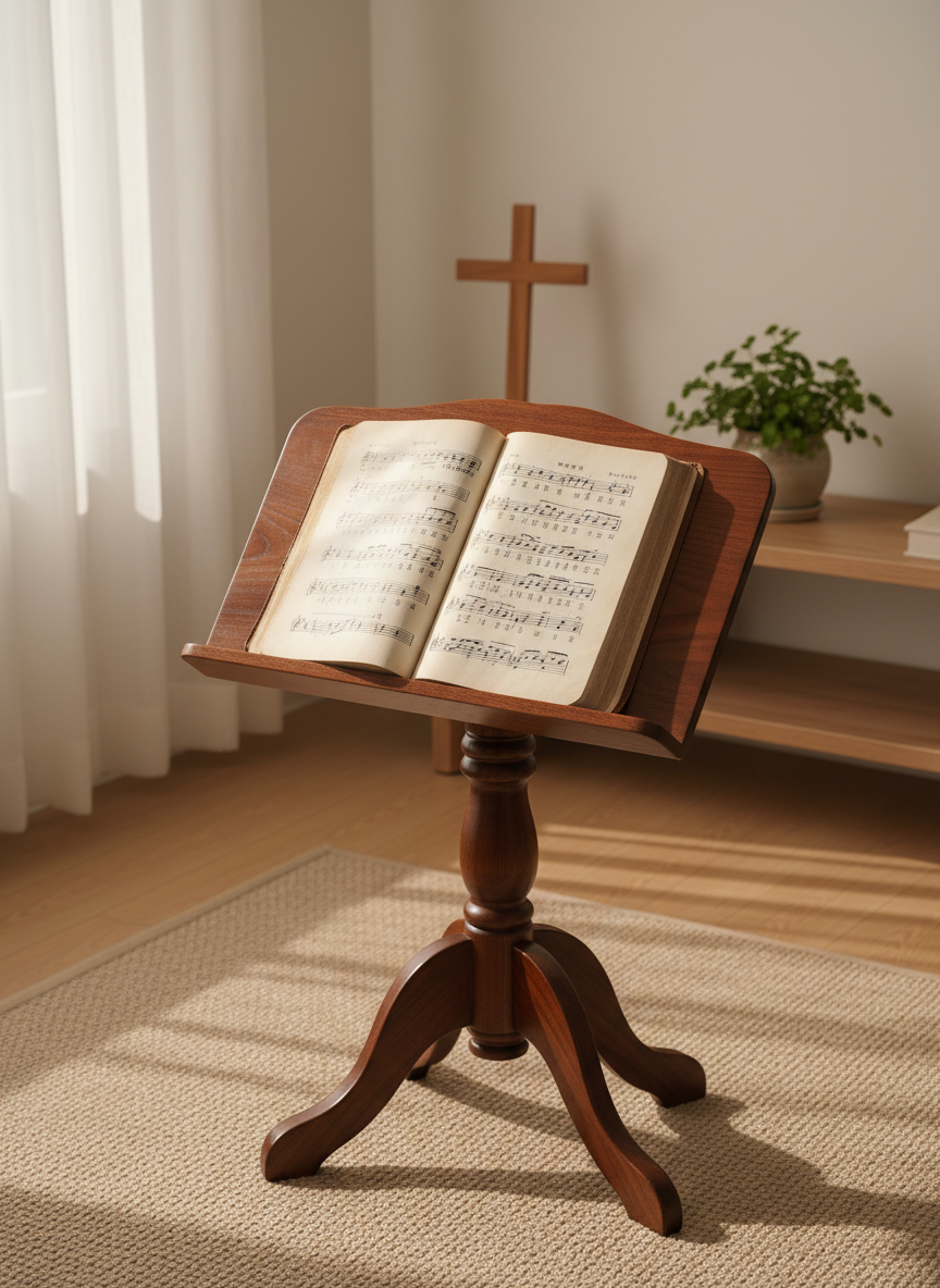 A meticulously detailed wooden music stand holding an open, well‑worn Korean hymnbook, each page slightly curled as if often used for praise. The stand rests in a bright, uncluttered living room with a simple cross and a small potted plant on a low shelf behind it, subtly suggesting Christian worship without text. Soft morning sunlight streams through a sheer white curtain, creating gentle highlights on the wood grain and delicate shadows across the floor. Photographic realism, captured at eye level with a shallow depth of field so the background melts into a calm blur. The mood is peaceful and reverent, evoking quiet personal worship, sermons, and gospel meditation at home.
