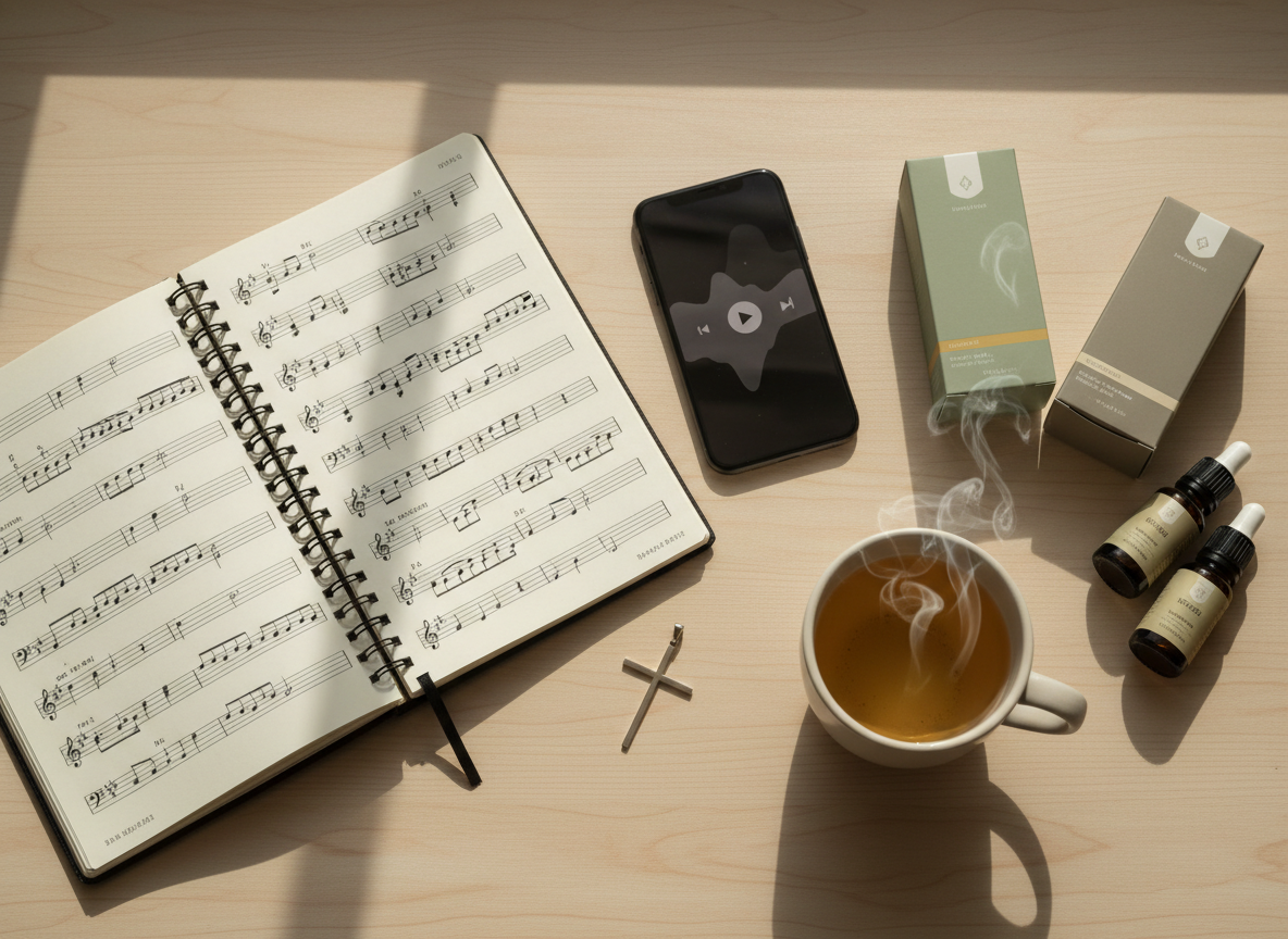 A beautifully styled flat‑lay of a wooden table featuring elements of Christian music devotion and practical living: an open journal with neat handwritten music notation (no readable words), a sleek smartphone displaying a minimalist music player interface, a ceramic mug of herbal tea releasing delicate steam, and a small selection of neatly arranged product boxes and bottles implying recommended healthy lifestyle items. A subtle cross‑shaped pendant rests beside the journal, hinting at faith. Natural window light from the side creates soft, directional illumination and gentle shadows. Photographic realism, with sharp focus across the frame, minimal color palette of warm neutrals and soft greens, conveying organization, comfort, and spiritually grounded lifestyle guidance.