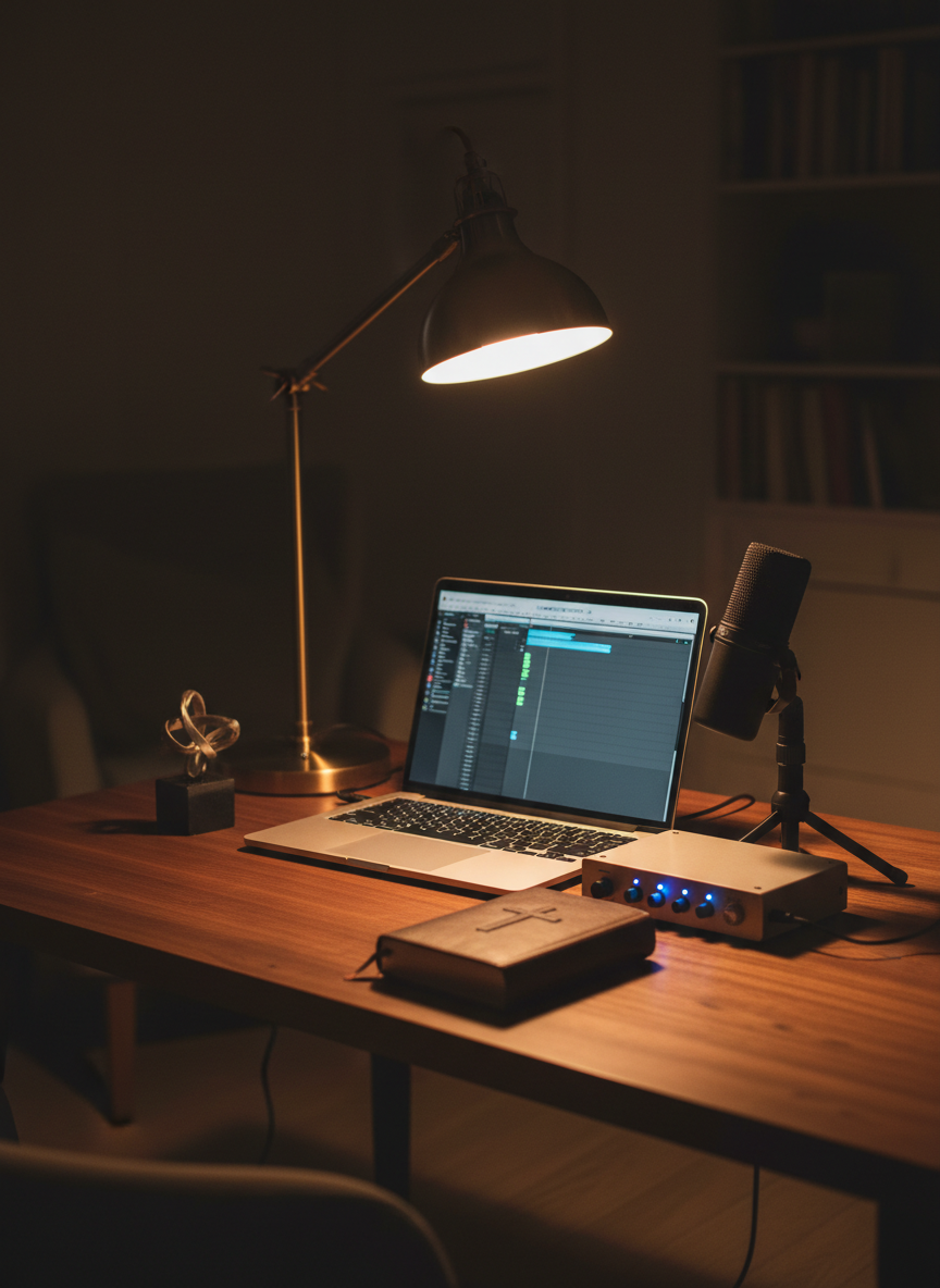 A cozy night‑time desk scene designed for preparing Christian music content: a slim laptop with a blank music editing interface, a compact audio interface with glowing indicator lights, and a small condenser microphone on a stand, all arranged neatly on a walnut desk. Beside them, a closed devotional book and a modest decorative cross‑shaped sculpture hint at gospel focus without using text. A warm desk lamp casts focused light on the workspace, leaving the rest of the room softly dark, creating a chiaroscuro effect. Photographic realism, shot from a three‑quarter angle with shallow depth of field, conveying diligence, professionalism, and a prayerful atmosphere in creating praise, sermons, and wholesome songs.