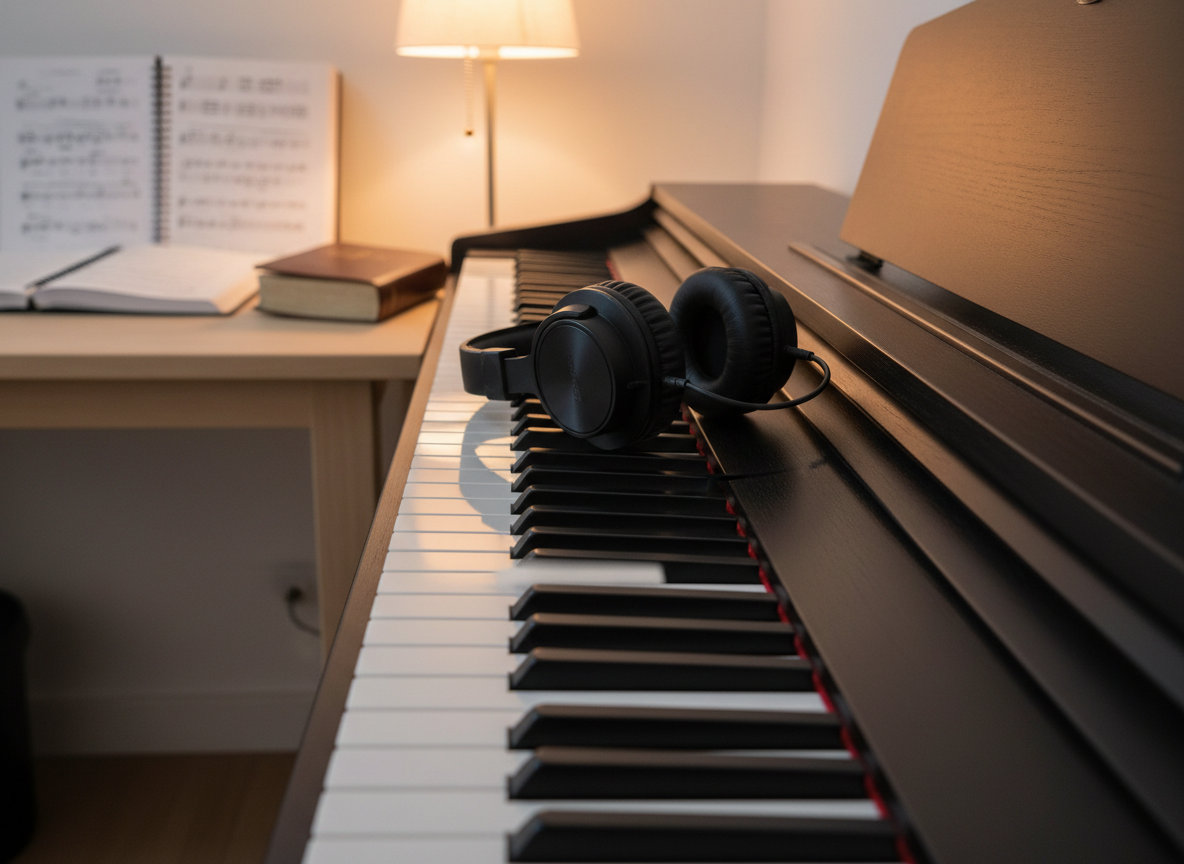 A high‑quality close‑up of a polished digital piano keyboard, its black and white keys gleaming under warm ambient lighting, with a pair of over‑ear studio headphones resting gently on the edge. The piano sits in a tidy study corner with a simple wooden desk, an open notebook, and a closed Bible‑like book nearby, hinting at composing Christian praise and wholesome songs. Soft, diffused evening light from a nearby lamp casts a cozy glow, creating subtle reflections on the keys. Shot from a slightly elevated diagonal angle, in photographic realism, with the foreground keys in crisp focus and the background gently blurred, conveying concentration, creativity, and devotion in music ministry.